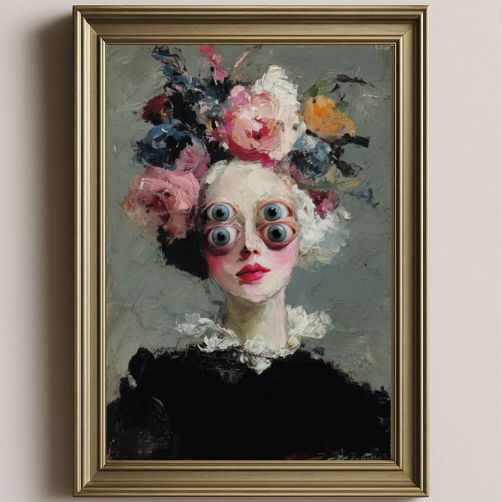 8.5x11 Surreal Gothic Portrait Painting | Multi-Eyed Woman with Floral Crown